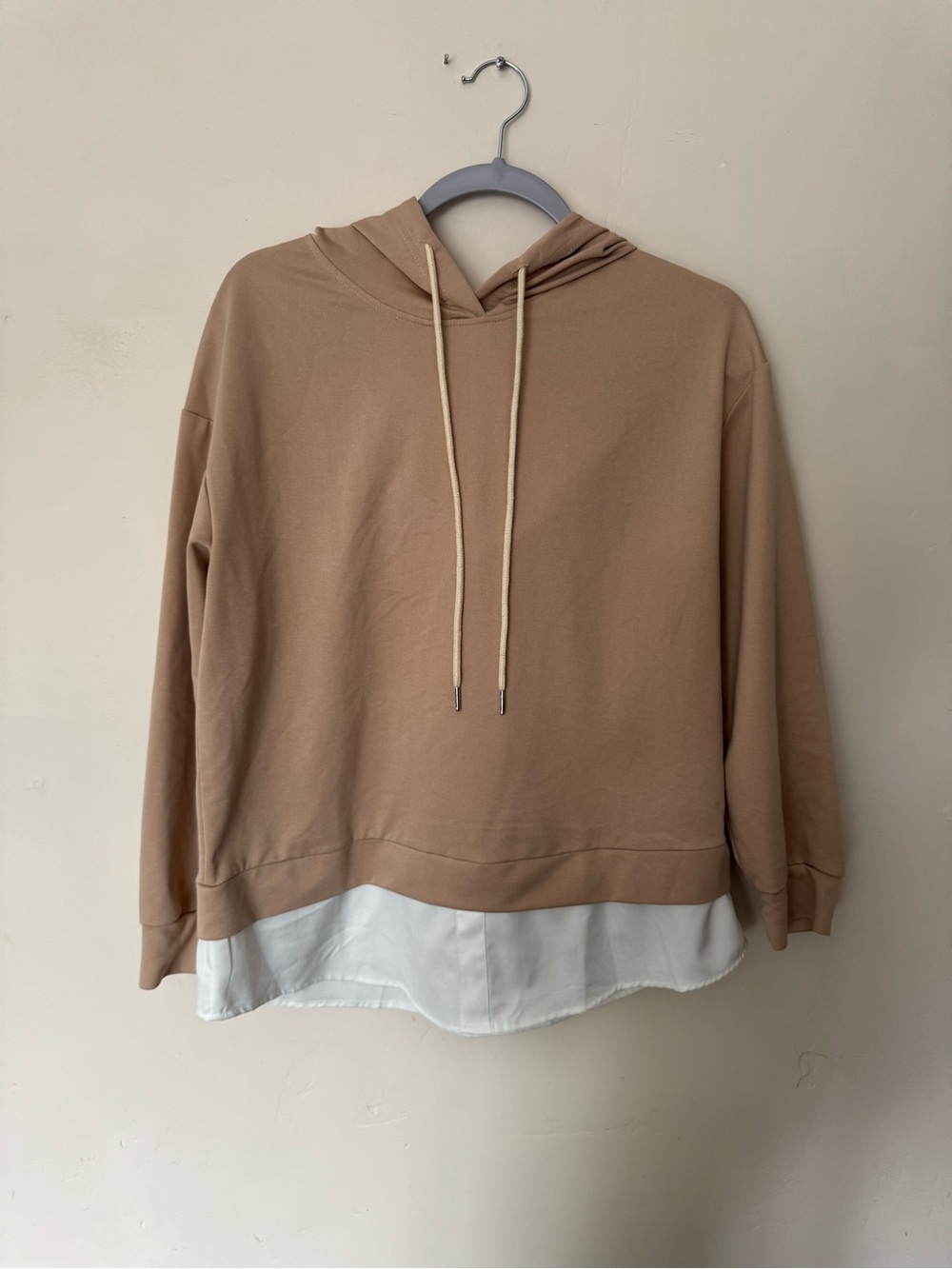 Shein Beige Layered-Hem Hooded Sweater Blouse Top